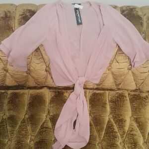 Papermoon Blush Pink Chiffon Quarter Ruffle Sleeve Tie Front Top